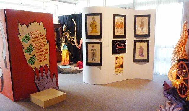 hermes1.jpg - Panel from The House of Horrors (Artspace, Peterborough 1989), drawings from The Palace of the Cinnabar Phoenix (Wolverton Hills, Pontypool 2002, Haliburton Forest 2006) and in the background, the Alchemical Theatre of Hermes Trismegistos